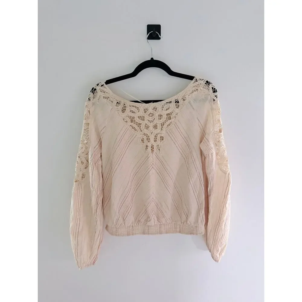 Free People Floating Memorie Crochet Peasant Neutral Cream Striped Blouse-Size L